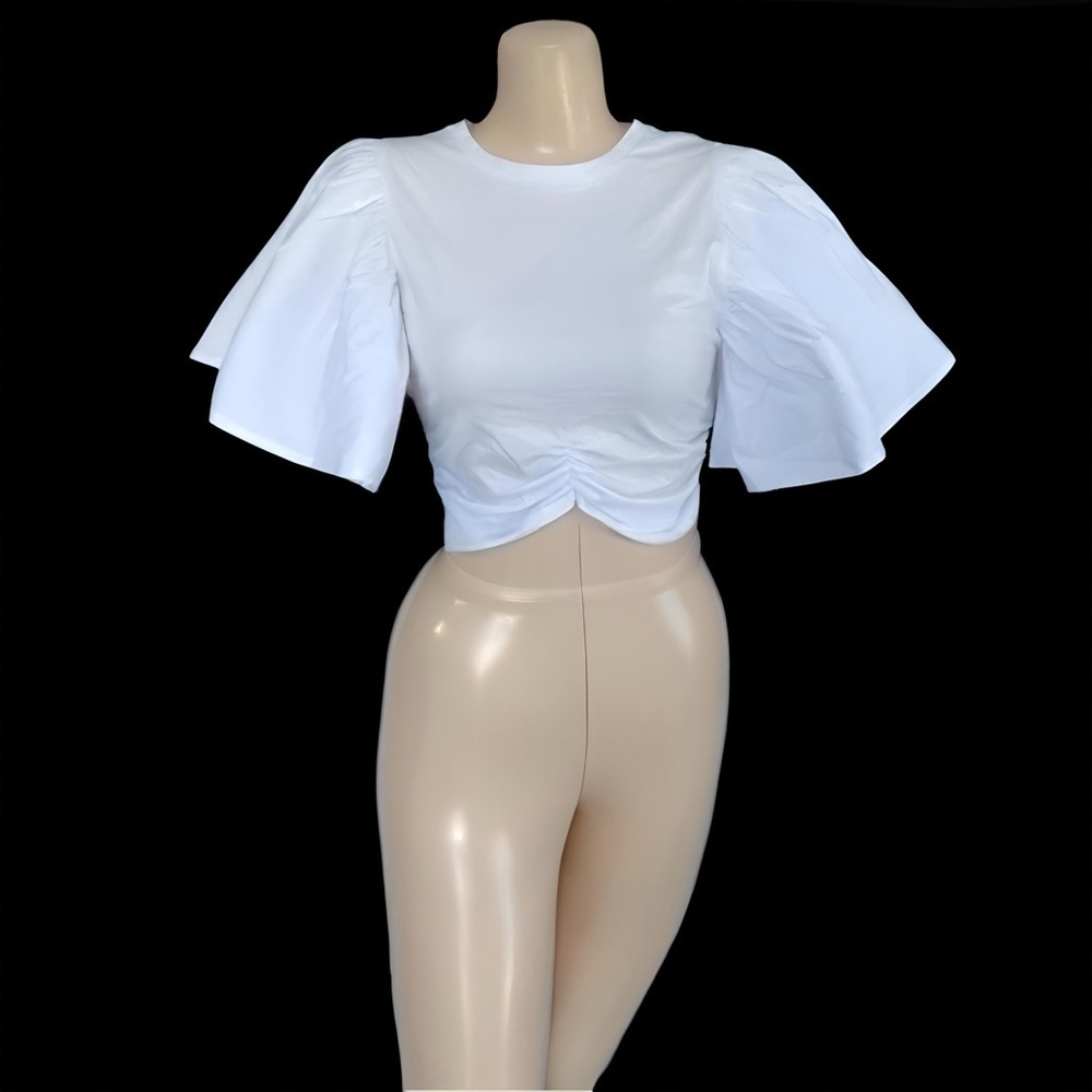(NWOT) ZARA White Ruffled Crop Top | Puff Bell Sleeves Ruched Hem | Size Small - Picture 6 of 10